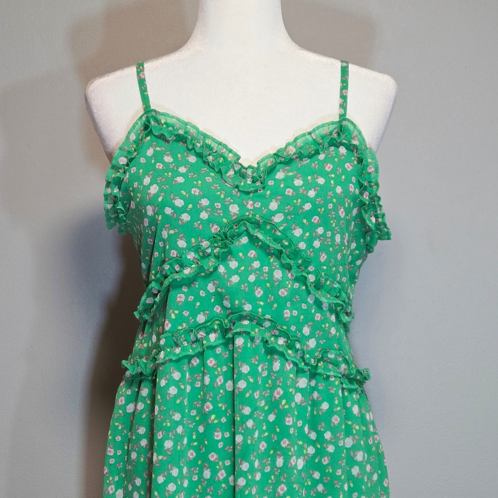 Cottagecore Green Floral Midi Dress Fairy Milkmaid Coquette Y2K Womens‎ Large - Picture 3 of 8